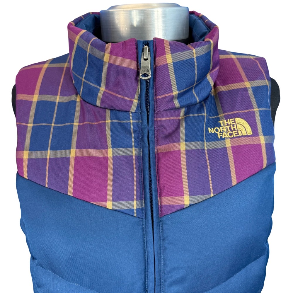 The North Face Women's Plaid‎ Puffer Vest Blue Purple Gold Padded Gilet Size XS - Picture 2 of 10